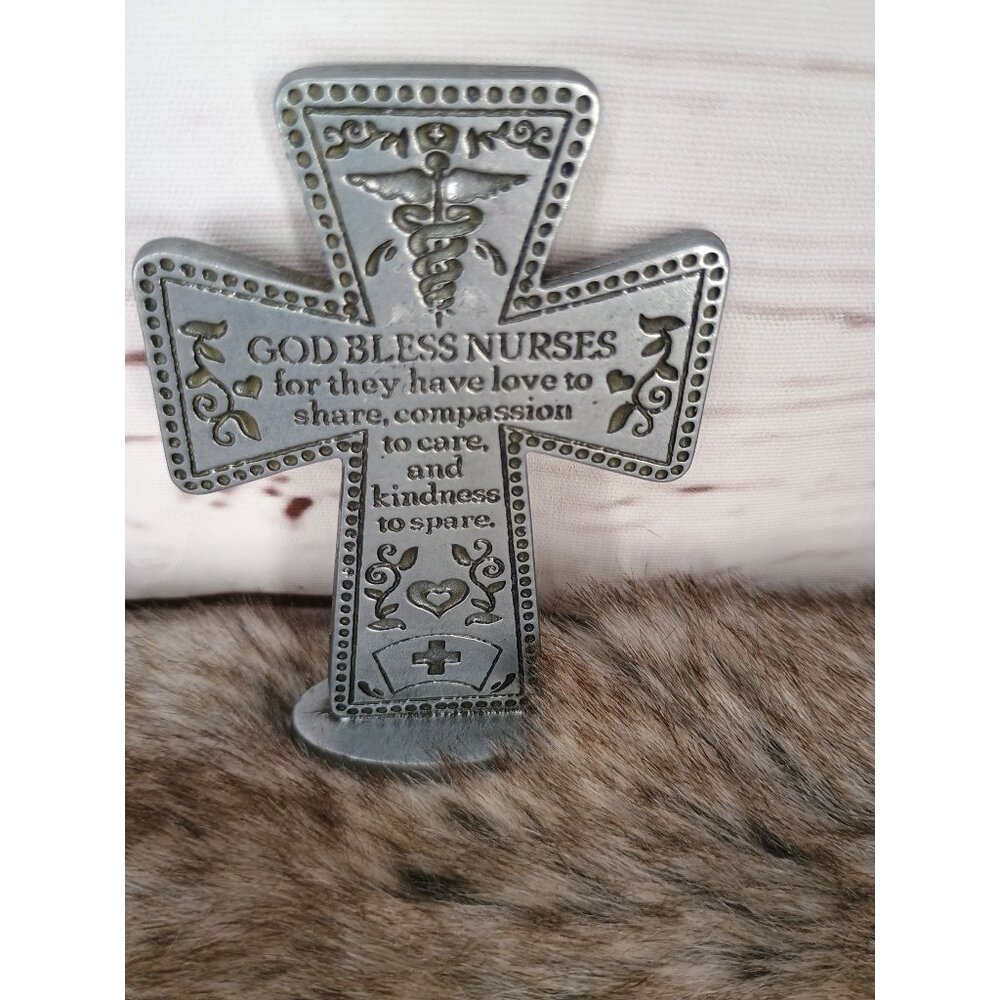 Camco Metal Cross Figurine "God Bless Nurses" With Inspirational Message & Stand